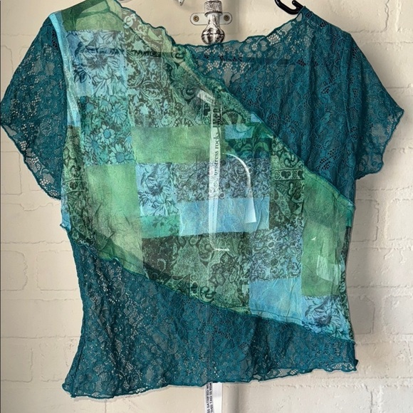 Mistress Rocks shirt semi sheer Teal Lace Patchwork Top NEW floral paisley large - Picture 1 of 3